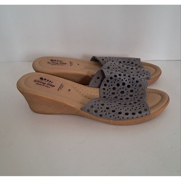 Spring Step Sandals Women's 40 9 Grey Leather Cut Out Cushioned Wedge Summer - Picture 1 of 5